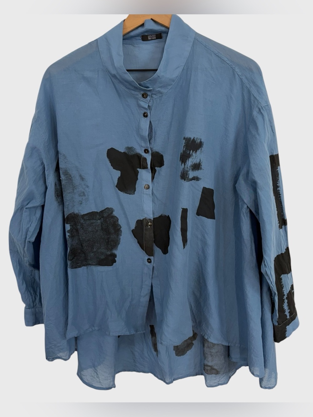 Moyuru Blue Black Abstract Print Oversized Button Down Shirt Size Medium